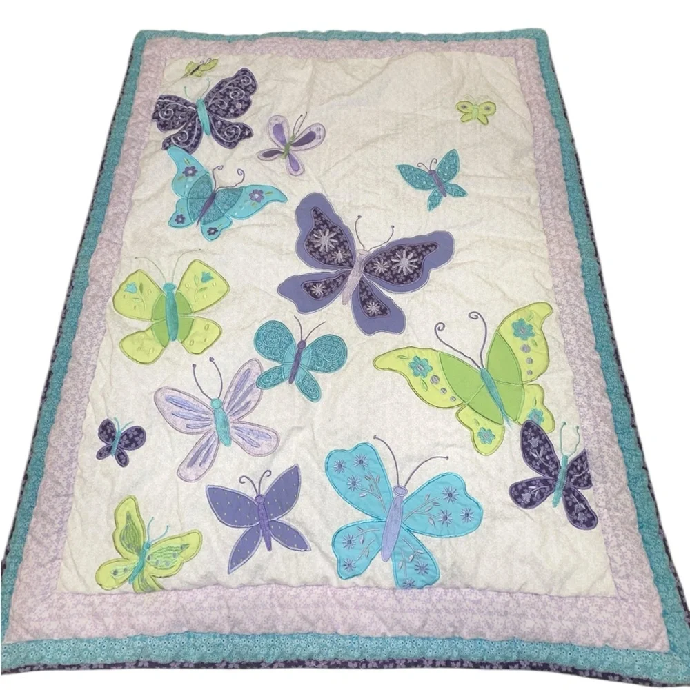 NoJo Butterfly Baby‎ Quilt Purple Teal Appliqué Blanket Crown Crafts vintage